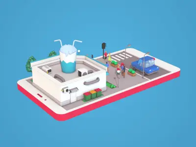 Cartoon Cocktail Cafe on Phone screen Low-poly 3D model