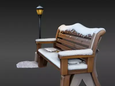 Winter Street Bench with Lantern 3D Scene  Model Holiday Scene  Low-poly 3D model