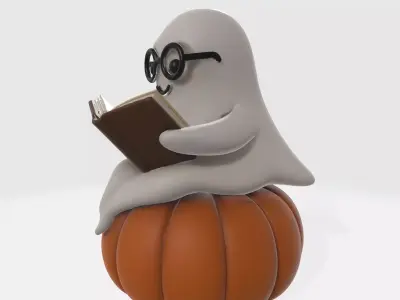 Adorable Ghost Reading on Pumpkin Cute Halloween Decoration 3D print model