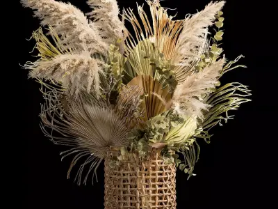 Bouquets of dried flowers with palm leaves in a basket 3D model