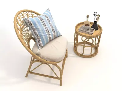 Rattan Coffee Table and Chair Set 5 3D model