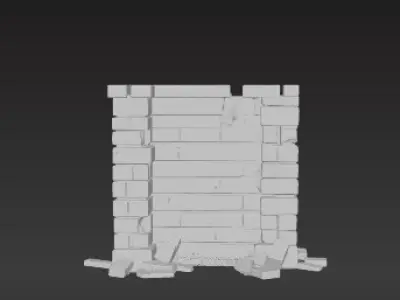 Collapsed Brick Barrier  Damaged Wall with Exposed Rebar Low-poly 3D model
