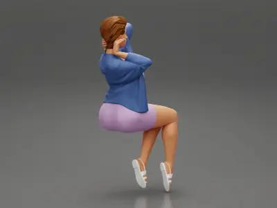 short hair woman in a dress sitting on a chair 3D print model
