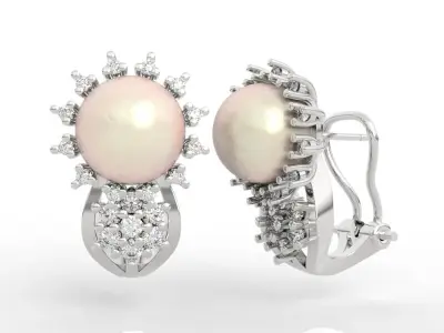 Halo Diamond Pearl Stud Earrings 3D print model