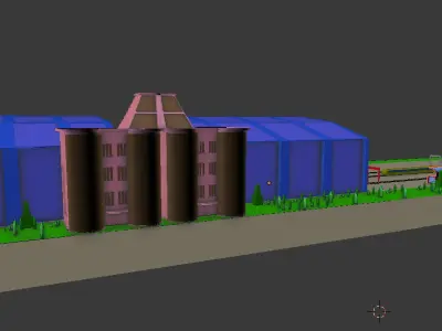low poly Train station with tracks and buildings Low-poly 3D model
