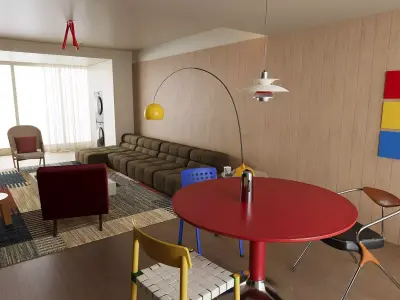 Modern Colorful Living Room with Modular Sofa and Dining Area 3D model