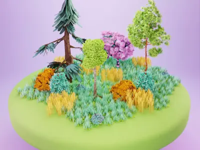 Stylized nature asset with trees bushes and grass Low-poly 3D model