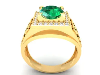 Luxury Mens Signet Ring with Emerald and Diamond Halo Jewel  392 3D print model