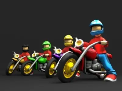 Bikers group of people riding motorcycles Low-poly 3D model