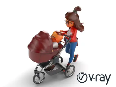 Cartoon Mother and Baby Stroller Character model pack Low-poly 3D model