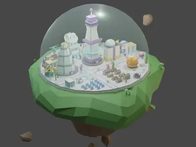Low Poly Flying Sci Fi Island City Free low-poly 3D model