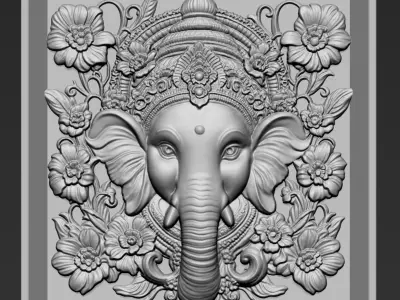 Ganesha Head with Flowers Background A5 3D print model