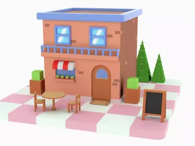 CafeLowPoly house with table and chairs Free low-poly 3D model