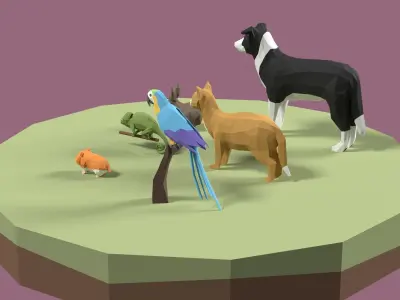Stylized Pet animals pack Low-poly 3D model