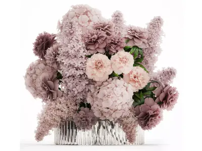 Bouquet in a glass vase flowers peony lilacs hydrangea 600 3D model