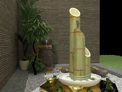 Chinese gold ingot in garden with bamboo water clay 3D model