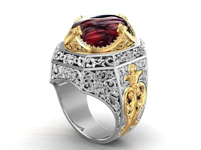 Turkish King Crown Tiger Red Eye Gents Ring 3D print model