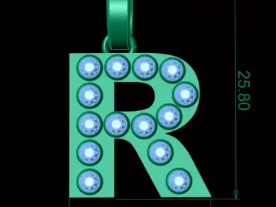 R Initial Gold Pendant  Ruby Stone Alphabet Necklace  3D print model