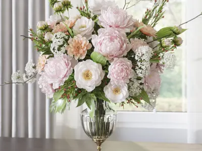 Flower Set 071 peonies gold crystal vase 3D model