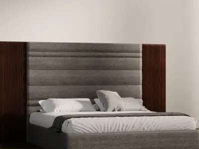 Luxury Upholstered Bed with Wood Accent Panels 3D model