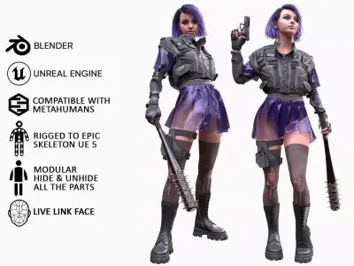 Dangerous Girl - Modular - Rigged - Animated Low-poly 3D model