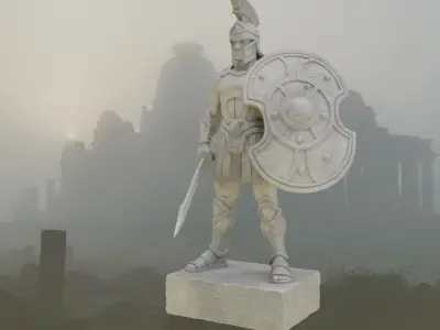 Stylized Ancient Greek Warrior Stone Statue Axe Shield Low-poly 3D model