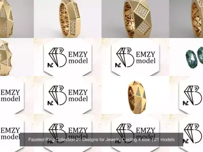 Faceted Ring Collection 21 Designs for Jewelry Casting 4 size  3D Model Pack