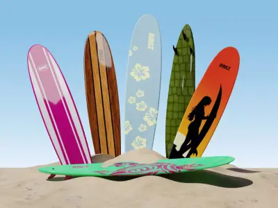 Longboard Surfboard with 6 Unique Design Variants Low-poly 3D model