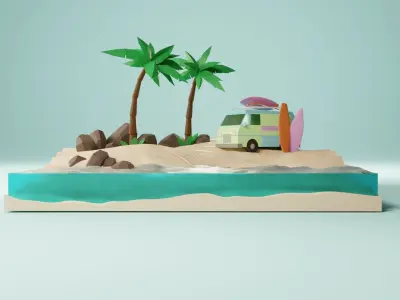 Sunny tropical beach with van and surf Low-poly 3D model