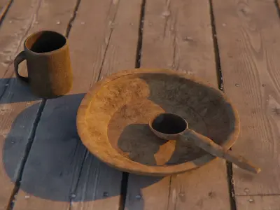 Wooden old dishes Low-poly 3D model