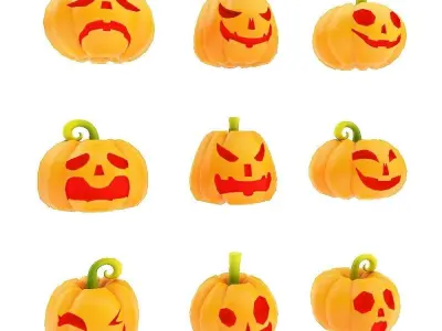 Carved pumpkin heads low poly 3d models set 1 Low-poly 3D model