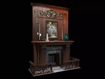 Wooden Study Fireplace  Low-poly 3D model