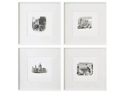 Vintage paintings in white frames 3D model