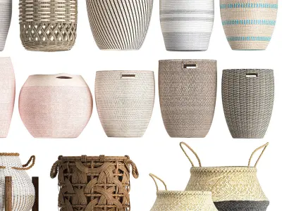 Basket Collection  Wicker  Rattan White Baskets 3D model