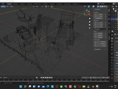 fallout model  with old car and old garage low poly model Low-poly 3D model