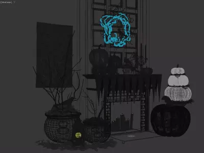 Halloween Fireplace Decor Scene Pumpkins Spooky Elements 3D model