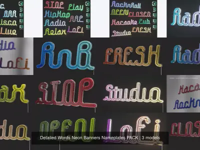 Detailed Words Neon Banners Nameplates PACK 3D Model Collection