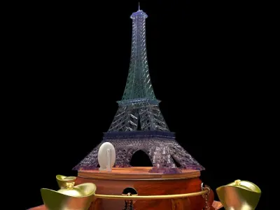 Chinese gold ingot with Eiffel tower 3D model