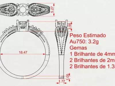 Solitaire Ring with Open Band and Side Brilliant Details 3D print model