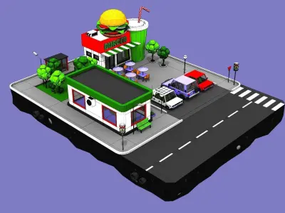 Burger Cafe Block from Cartoon Low Poly City Low-poly 3D model