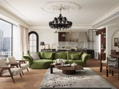 French style living room and kitchen 3D model