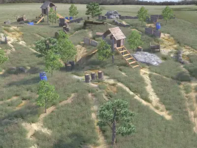 Paintball wooden structure in middle of grassy field 3D model