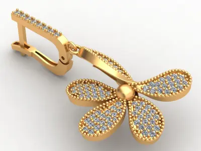 Flower Butterfly Style Diamond Gold Earring 3D print model