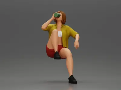 woman sitting on chair hugging her pulled-up leg while drinking 3D print model