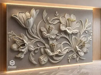 modern rose panel wall decor set relief stl mural CNC 309 3D model