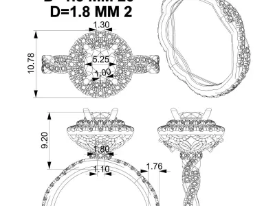 Round double halo engagement ring with braided shank 3D print model
