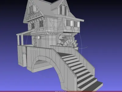 medieval house with a water mill Low-poly 3D model