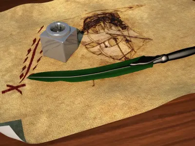 Pen And Paper Classic With Ink Bottle Low-poly 3D model