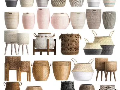 Basket Collection  Wicker  Rattan White Baskets 3D model