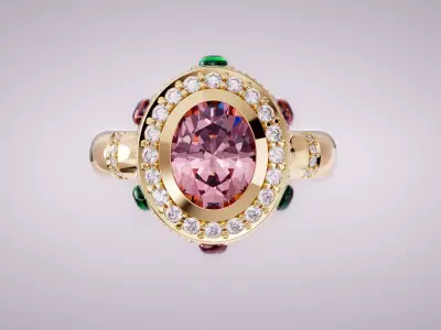 Luxury Cocktail Ring with Garnet Emerald and Diamonds 3D print model